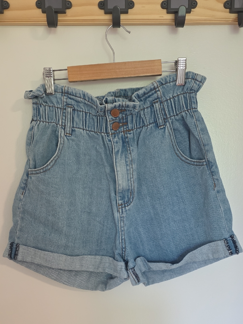 See Thru Soul Light Blue Paperbag Waist Denim Shorts